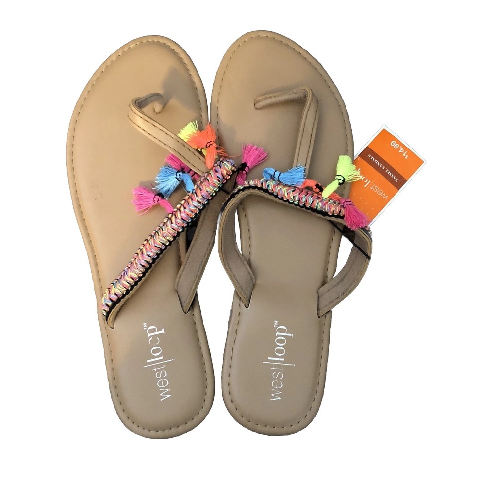 West Loop Womens Medium Size 7/8 Tassal Sandals Colorful Boho Beach Flaw